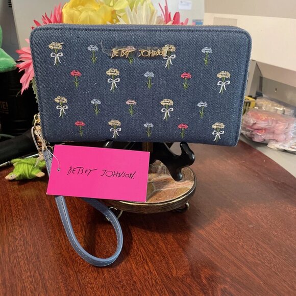 Betsey Johnson Handbags - Betsey Johnson Denim Floral Embroidered Wristlet/Wallet - NWT